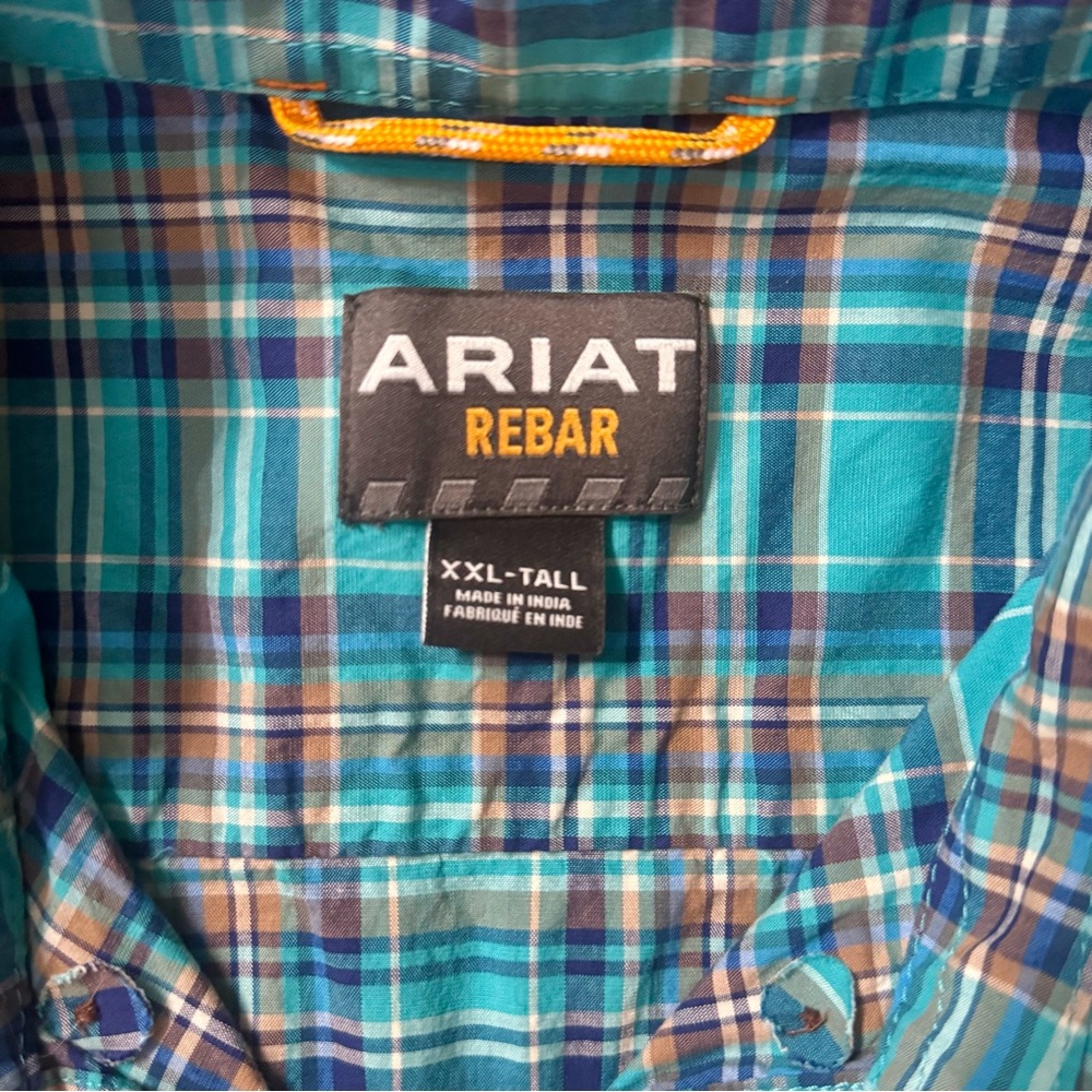 Ariat Rebar Made Tough Men's Blue Plaid Short Sleeve Tall Button Up Dress Shirt - Picture 7 of 8